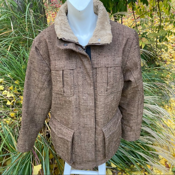 Woolrich Tweed Brown/Tan Utility Coat Barn Jacket Faux Fur lined 6 pockets sz M - Picture 2 of 15